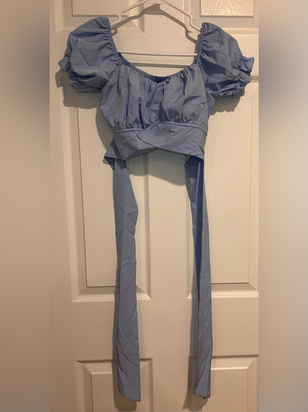 NWOT Lyaner Light Blue Puff Sleeve Crop Top with Wrap Ties Size Small